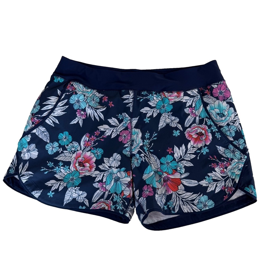 Lands' End Swim Shorts Women 12P Navy Floral Athletic Quick Dry